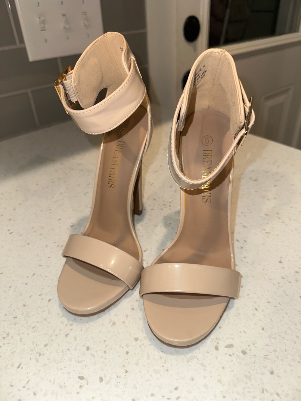 Dream Pairs Beige Patent Ankle-Strap High Heels